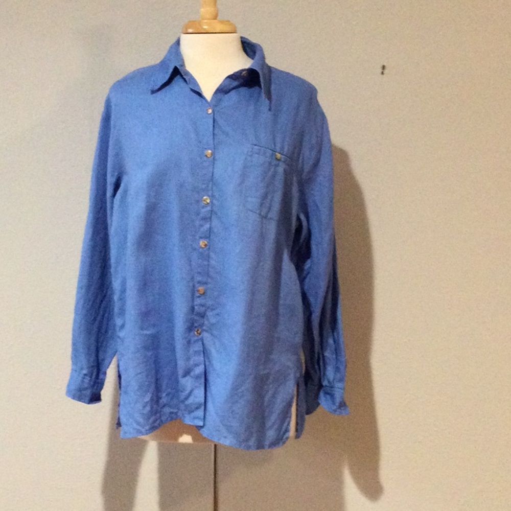 Chico's Blue 100% Linen Button Front Collar Long Sleeve Shirt SZ 2/L/12
